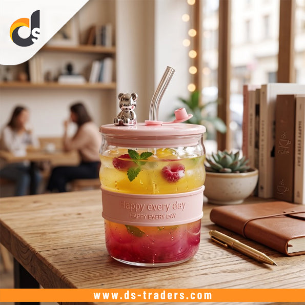Elegant Teddy Glass Cup with Straw