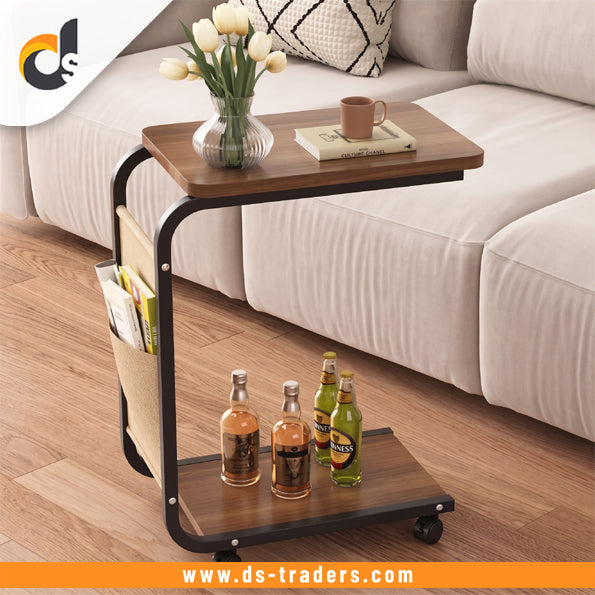 C-Shaped Sofa Side Table With Wheels