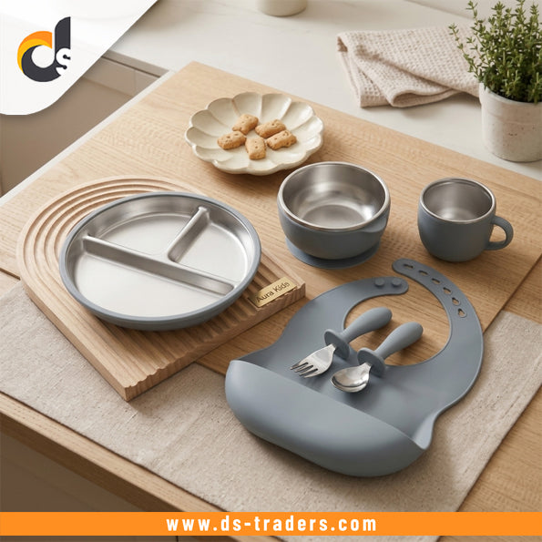 6 In 1 Silicone & Steel Baby Feeding Set