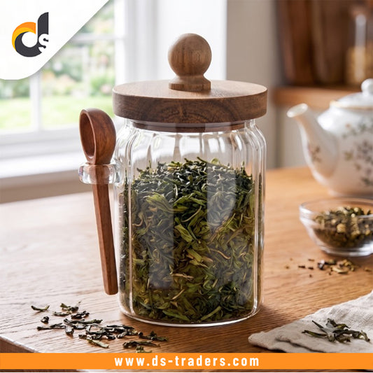 Glass Storage Jar with Wooden Lid & Spoon 500 ML
