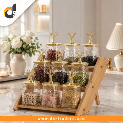9-Jar Glass Spice Wooden Rack with Deer LId