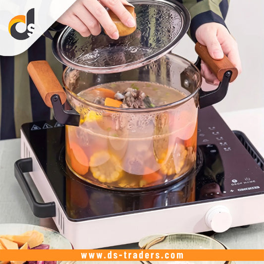 Transparent Glass Cooking Pot With Wooden Handle – 6.5L