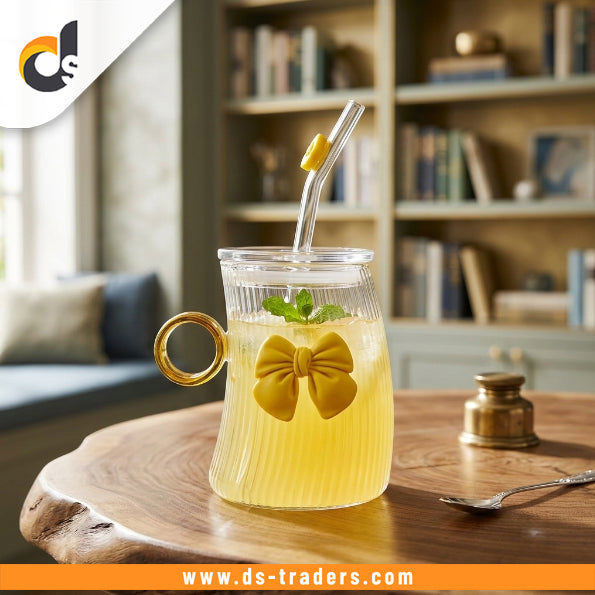 Elegant Curved Bow Glass Mug with Straw