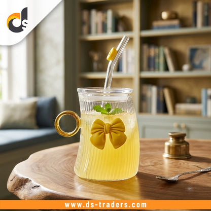 Elegant Curved Bow Glass Mug with Straw