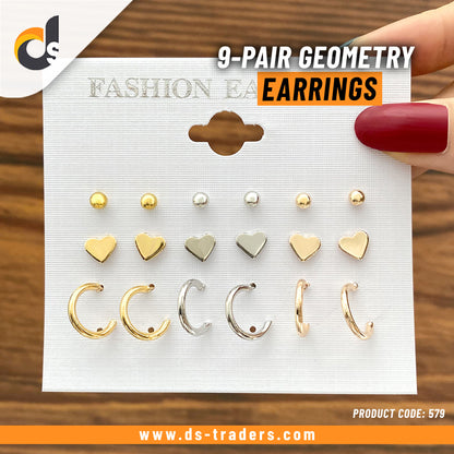 9 Pair Geometry Stud Earrings