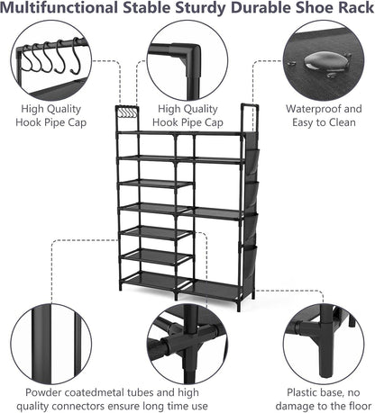 Durable Metal 7 Layer Shoe Rack with Side Hanging Pockets