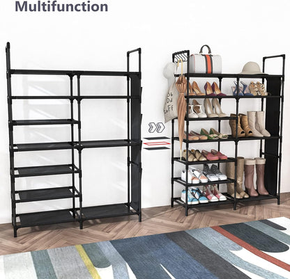 Durable Metal 7 Layer Shoe Rack with Side Hanging Pockets
