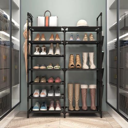 Durable Metal 7 Layer Shoe Rack with Side Hanging Pockets