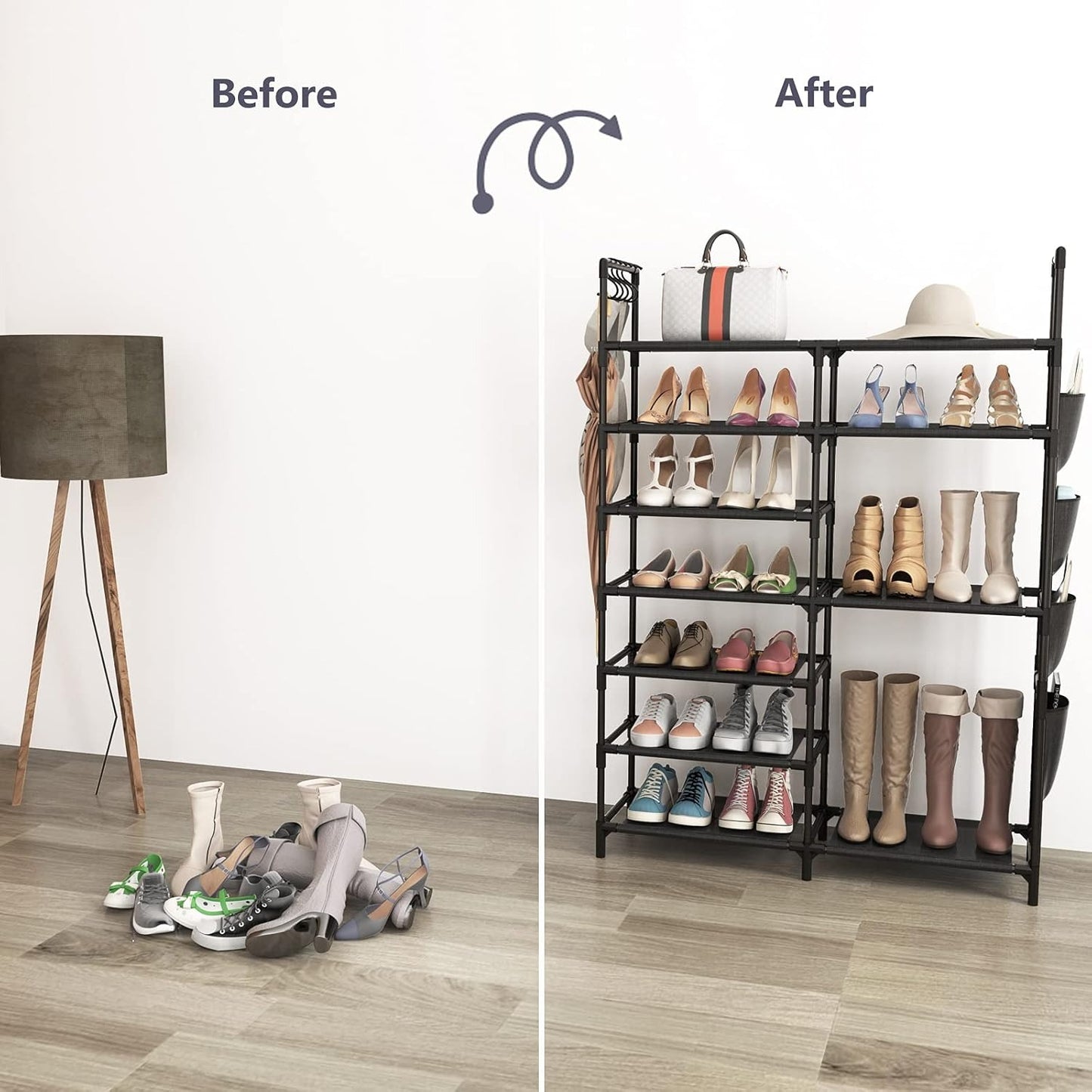 Durable Metal 7 Layer Shoe Rack with Side Hanging Pockets