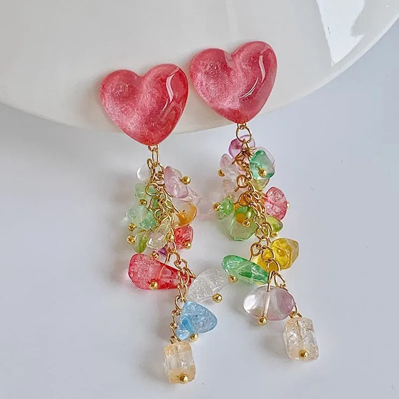 Sweet Heart Colorful Crushed Stone Tassel Earrings