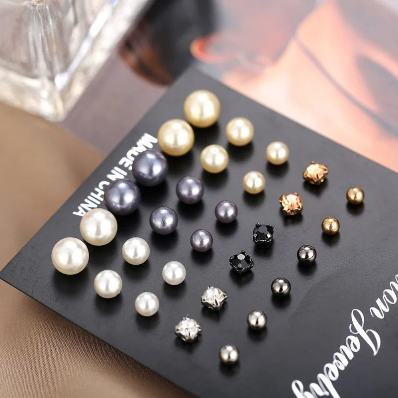15 Pairs Rhinestone Pearl Earrings