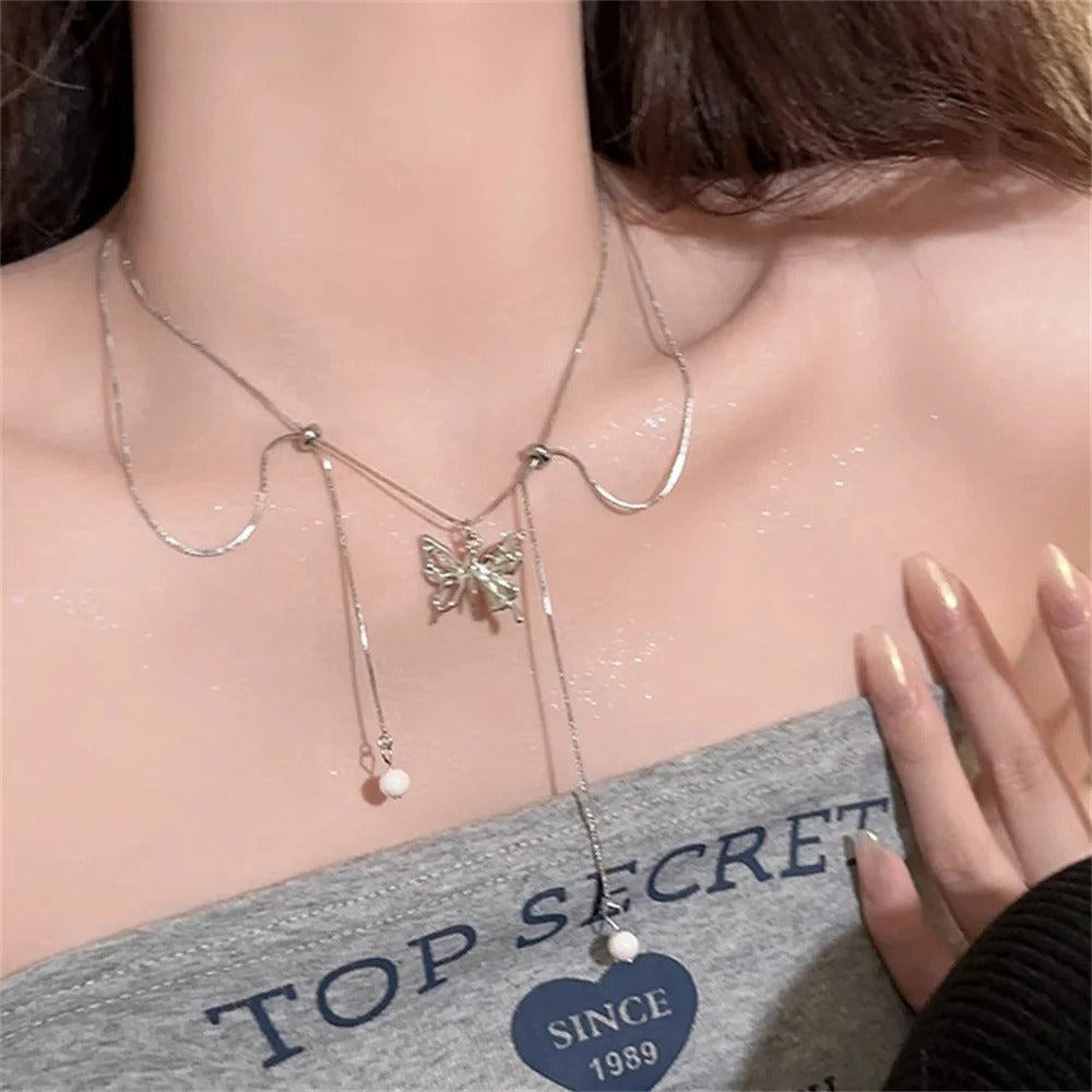 Tassel Clavicle Chain Butterfly Pearl Pendant Necklace