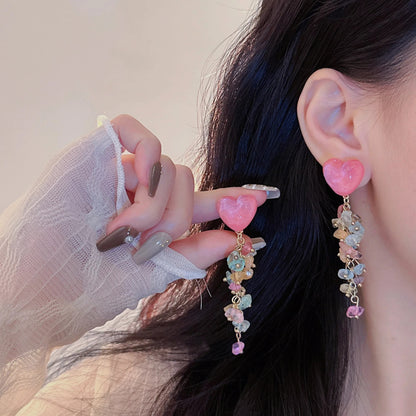 Sweet Heart Colorful Crushed Stone Tassel Earrings