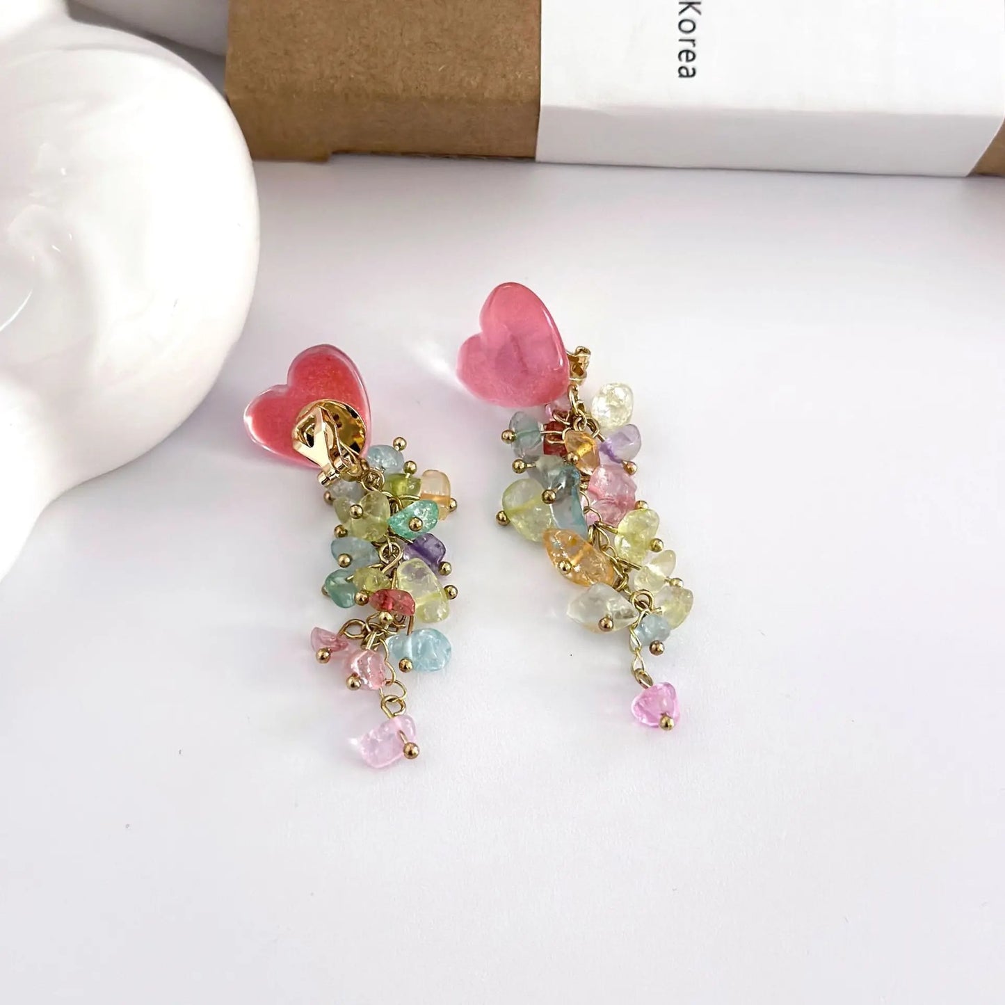 Sweet Heart Colorful Crushed Stone Tassel Earrings