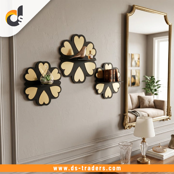 3PCs Golden Heart Flower Wall Shelf