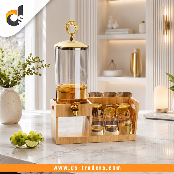 7PCs Glass Beverage Dispenser Set With Wooden Stand