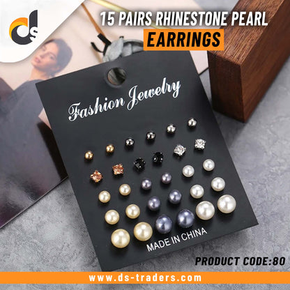 15 Pairs Rhinestone Pearl Earrings