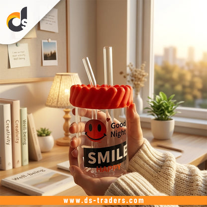 Smiley Face Glass Mug With Lid & Straws