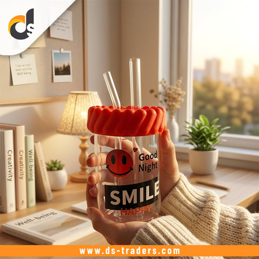 Smiley Face Glass Mug With Lid & Straws