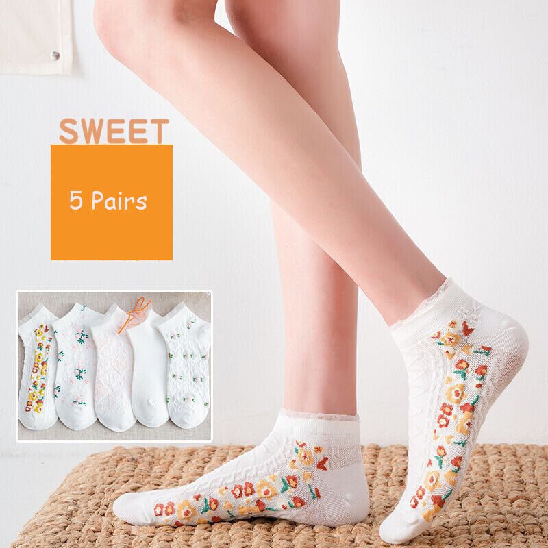 5 Pairs Women Girls Flowers Lace Socks