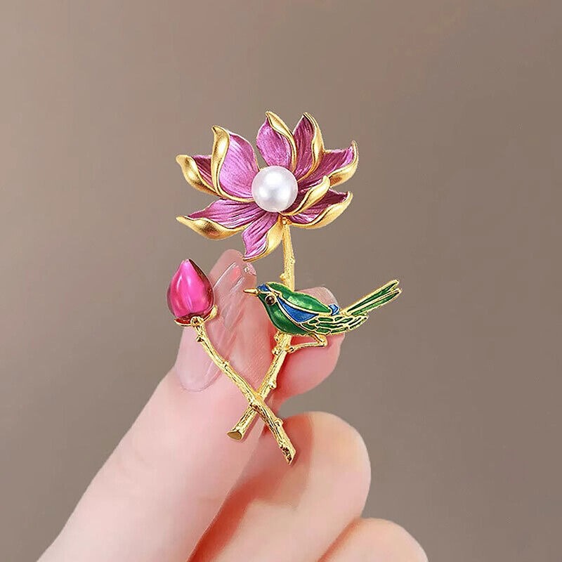 Exquisite Pearl Lotus & Magpie Pin Brooch