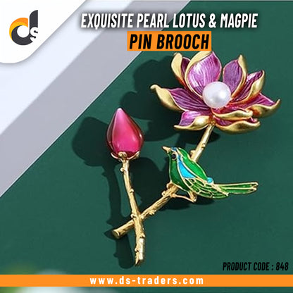 Exquisite Pearl Lotus & Magpie Pin Brooch