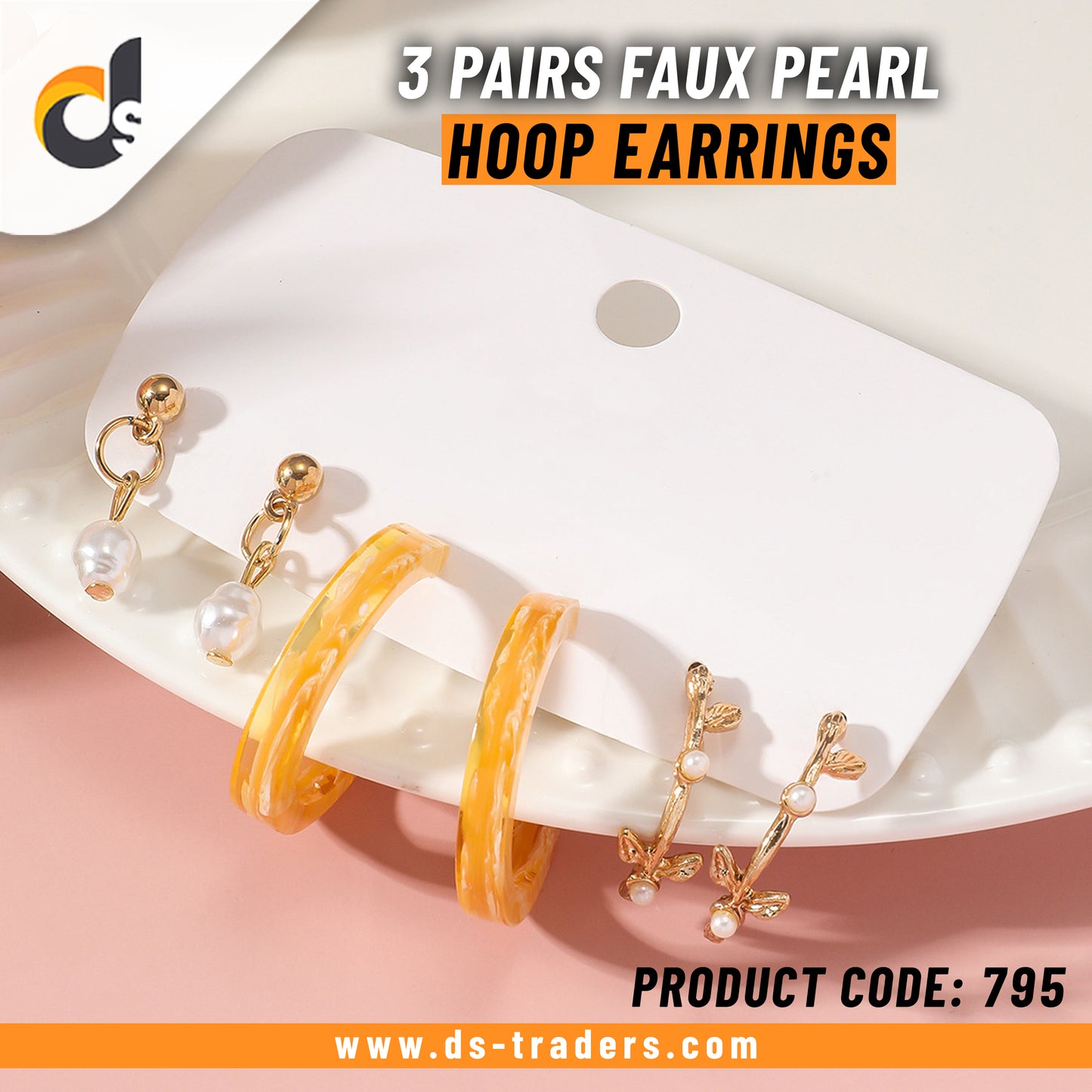 3 Pairs Faux Pearl Hoop Earrings