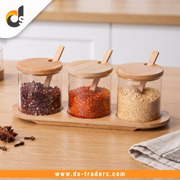 3PCs Glass Spice Jar Set with Wooden Tray