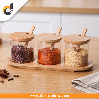 3PCs Glass Spice Jar Set with Wooden Tray