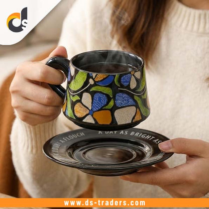 Flower Ceramic Coffee Mug with Saucer Plate