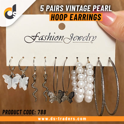 5 Pairs Vintage Pearl Hoop Earrings