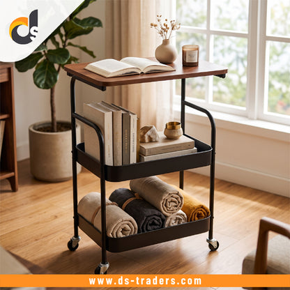 Luxury Rolling Side Table With Storage Shelves