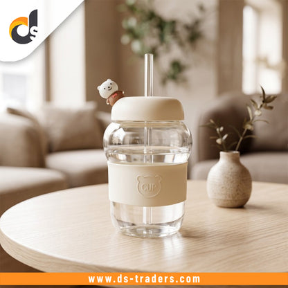 Elegant Bear Glass Cup with Straw