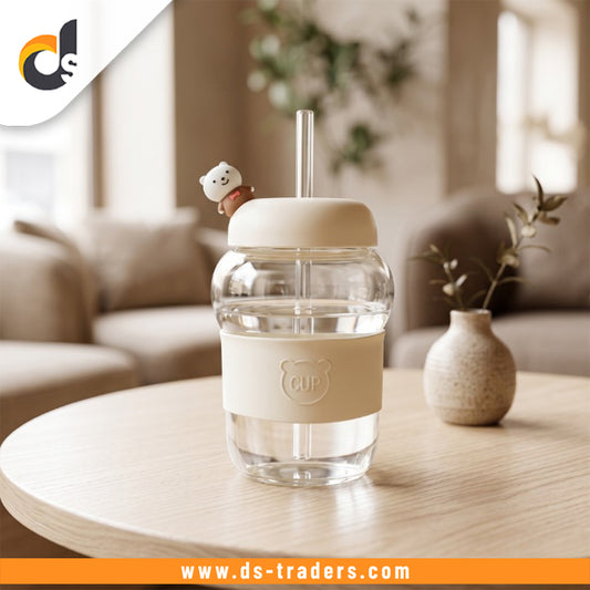 Elegant Bear Glass Cup with Straw