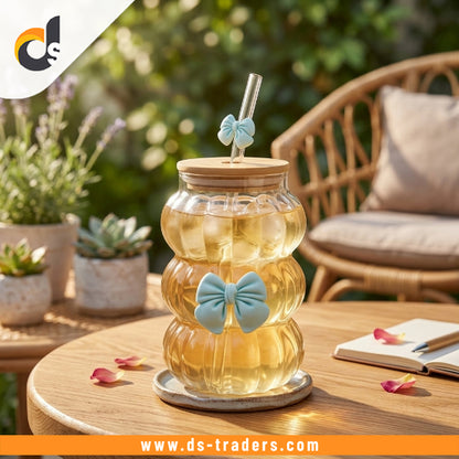 Elegant Wave Bow Glass Mug With Straw