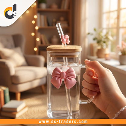 Elegant Square Bow Glass Mug with Wooden Lid