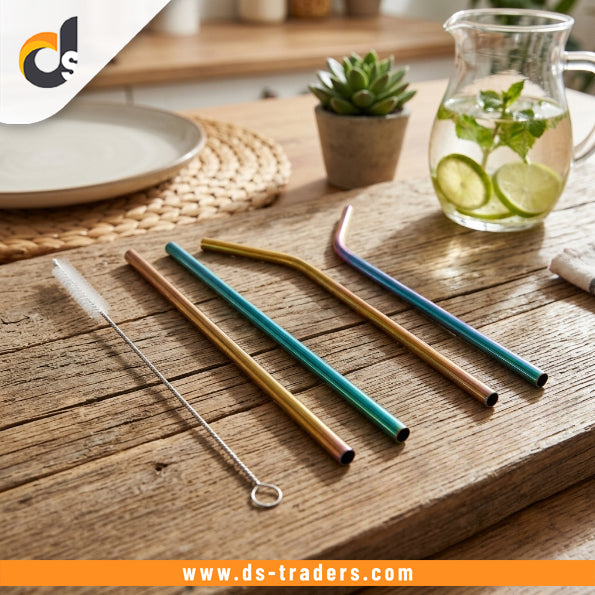 4PCs Rainbow Steel Straw With Cleaning Brush