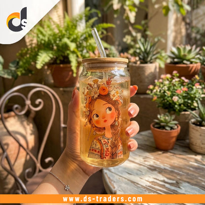 Elegant Floral Girl Glass Mug With Wooden Lid