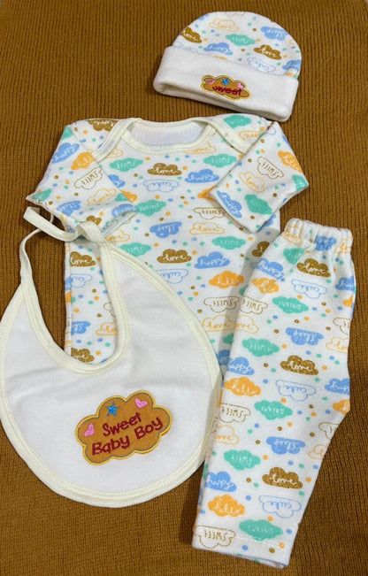 4pcs Suit Set Newborn Baby (Shirt, Pajama, Cap & Bib)