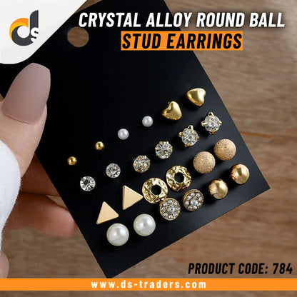 12 Pair Crystal Alloy Round Ball Stud Earrings