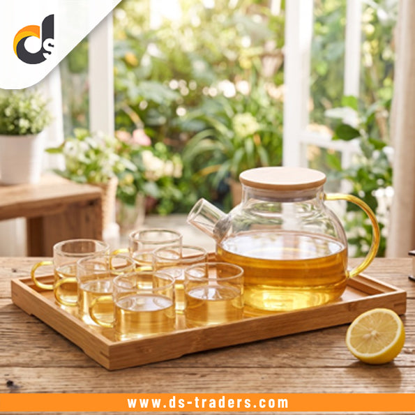 8PCs Glass Tea Kettle Set With Wooden Tray