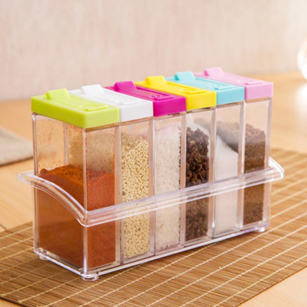 6Pcs Spice Jar Set Home Storage Container with Tray Rack. - DS Traders