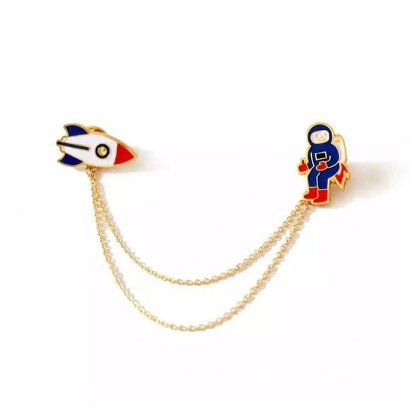 Astronaut & Rocket Chain Brooch - DS Traders