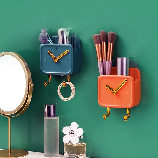 Creative Clock Wall Hanging Storage Box with Hook Kitchen Bathroom Bedside Organizer Shelf Mobile Phone Holder