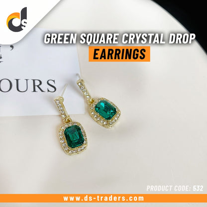 Green Square Crystal Drop Earrings - DS Traders