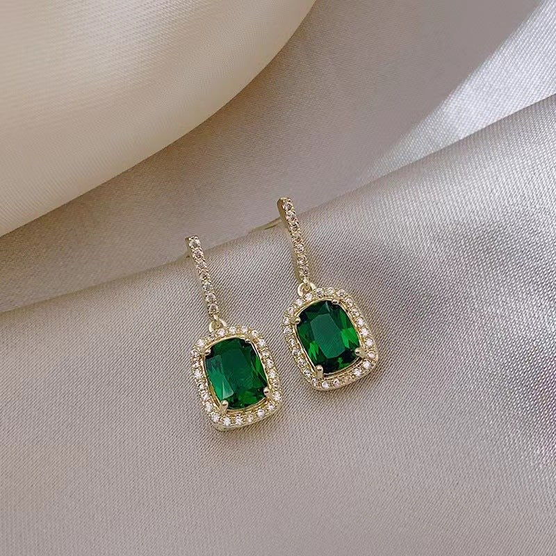 Green Square Crystal Drop Earrings - DS Traders