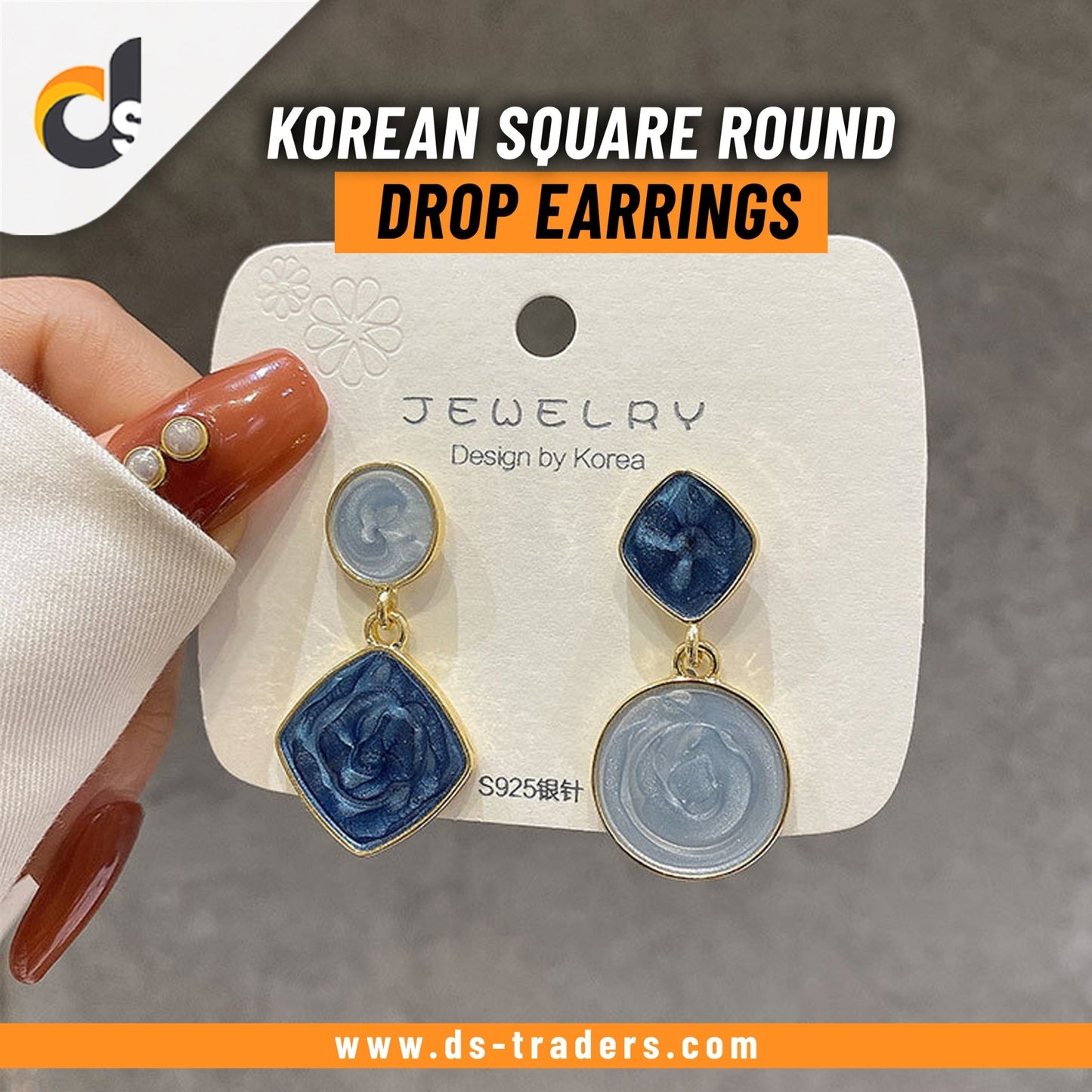 Korean Square Round Drop Earrings - Blue Color - DS Traders
