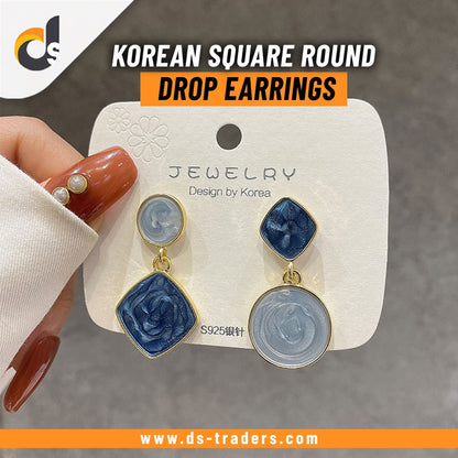 Korean Square Round Drop Earrings - Blue Color - DS Traders