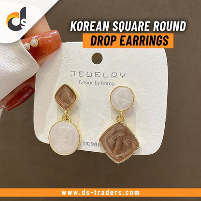 Korean Square Round Drop Earrings - Brown Color - DS Traders