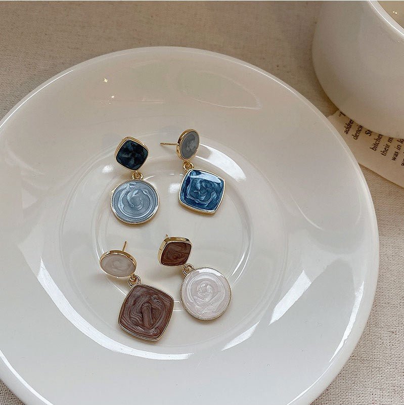 Korean Square Round Drop Earrings - Brown Color - DS Traders